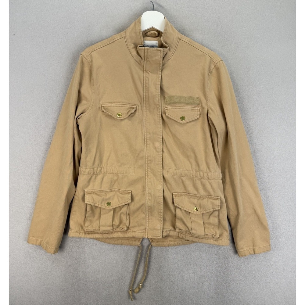 Guess Jacket Women's Sz M Brown Cargo Utility Military Snap Front Over Coat